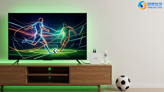 Home TV setup with Android TV box for watching international football using authorized apps.