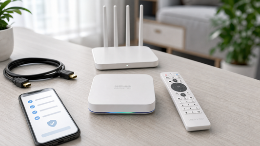 安博盒子12代 PRO，包含遙控器、HDMI 線、WiFi 路由器及授權應用程式清單