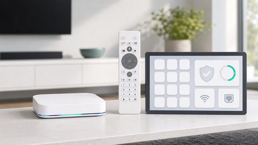 UBOX12 PRO device and remote beside a generic app security and network setup screen