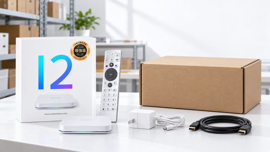 UBOX12 PRO device remote accessories and shipping box prepared for delivery