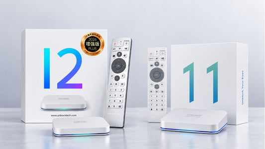 UBOX12 PRO and UBOX11 TV boxes compared with their packaging and remote controls
