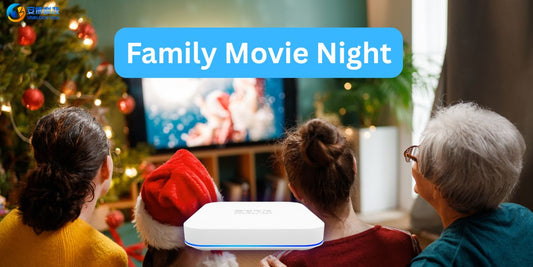 Family enjoying movies with Unblock Tech UBOX 12 — perfect Christmas entertainment