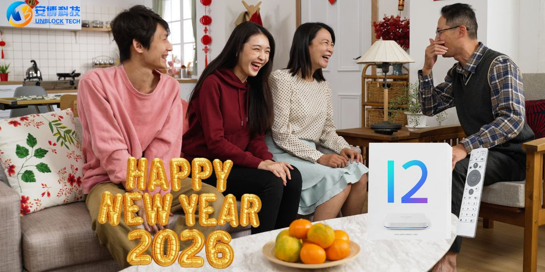 Family enjoying movies with Unblock Tech UBOX 12 — perfect New Year entertainment