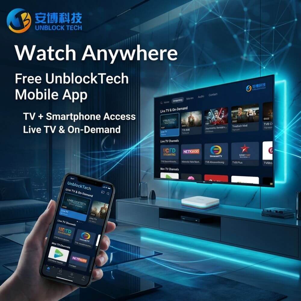 Unblock Tech UBOX12 Pro TV box with mobile app for watching live TV and video on phone and TV